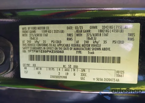 2023 Ford F-150 Xlt из США, поврежденный, VIN 1FTFW1E89PKE05060